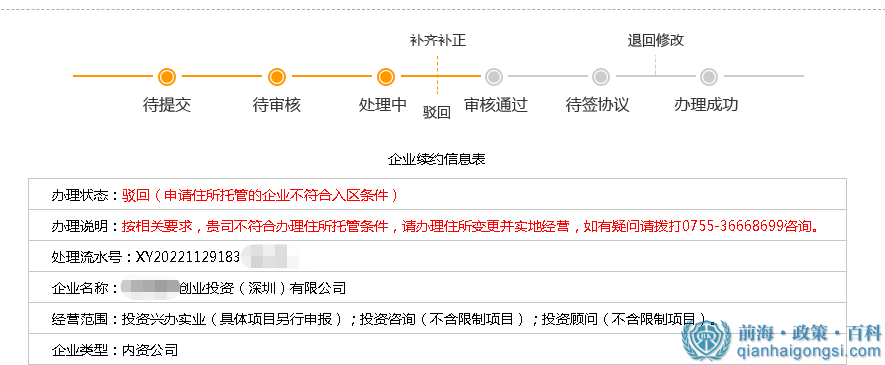 前海地址续约驳回截图